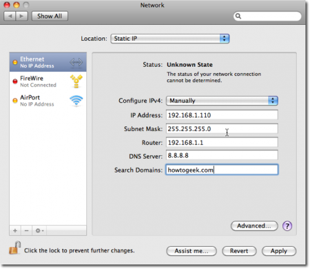 Как установить статический сетевой адрес на системе Mac OS X?
