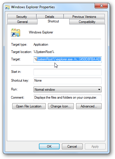 Как настроить стартовый каталог Windows Explorer в Windows 7?